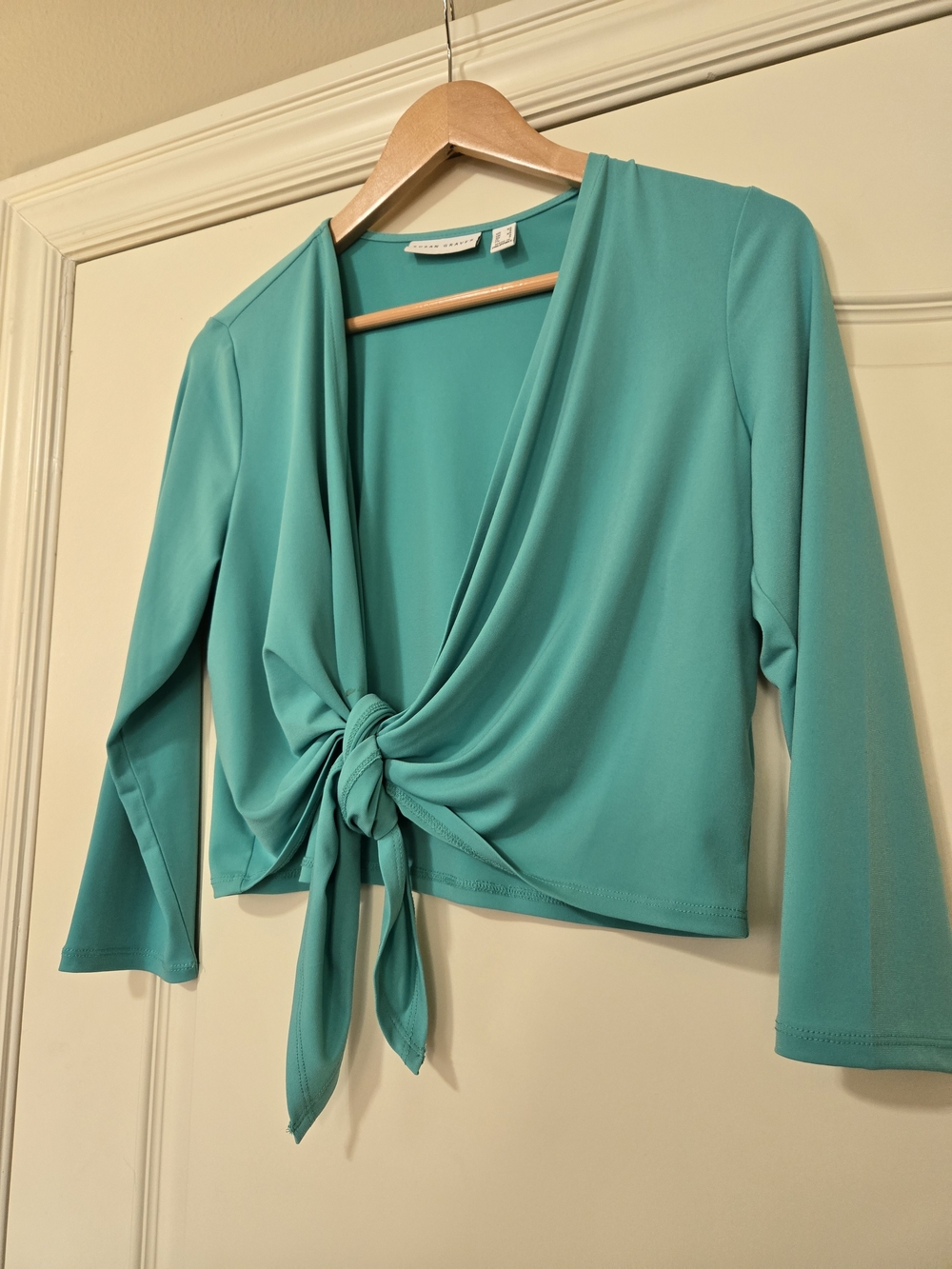 Susan Graver Teal Tie-Front Cropped Wrap Top Business Casual Layering